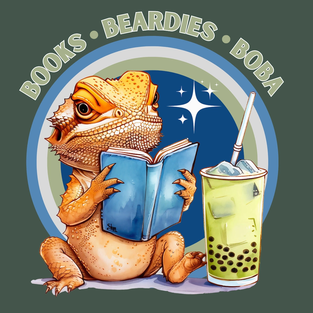 Books, Beardies, and Boba T-shirt