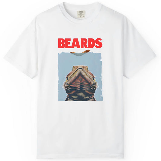 White t-shirt with a bearded dragon graphic and 'BEARDS' text on a white background
