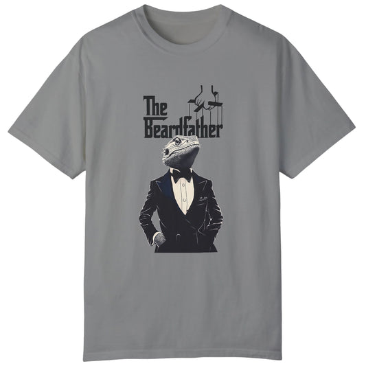 Gray t-shirt with a graphic of a lizard in a suit and 'The Beardfather' text on a white background